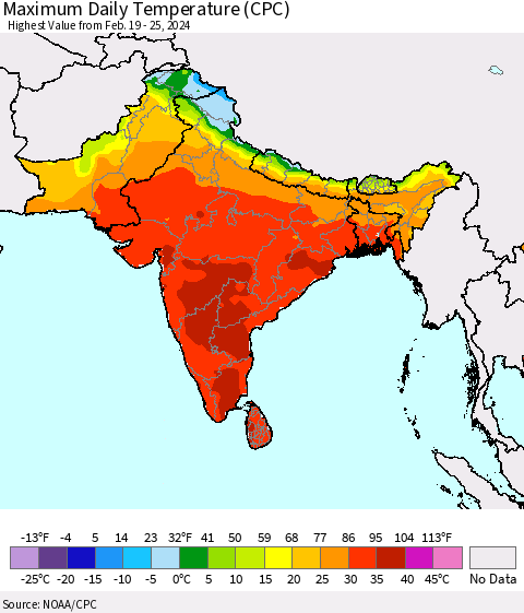 Southern Asia Maximum Daily Temperature (CPC) Thematic Map For 2/19/2024 - 2/25/2024