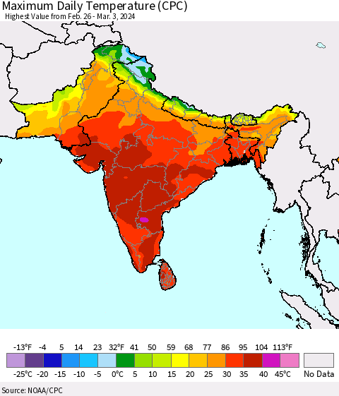 Southern Asia Maximum Daily Temperature (CPC) Thematic Map For 2/26/2024 - 3/3/2024