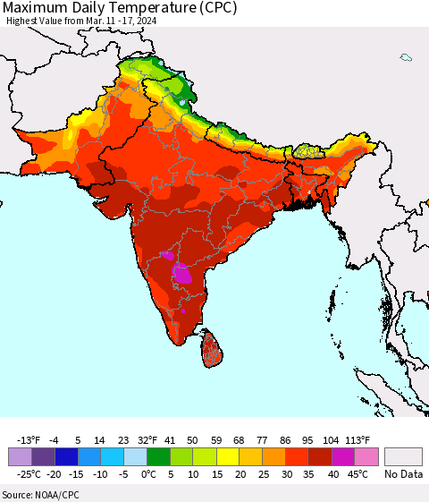 Southern Asia Maximum Daily Temperature (CPC) Thematic Map For 3/11/2024 - 3/17/2024