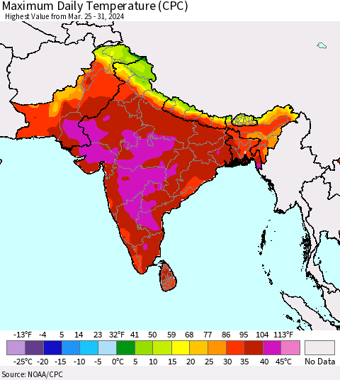 Southern Asia Maximum Daily Temperature (CPC) Thematic Map For 3/25/2024 - 3/31/2024