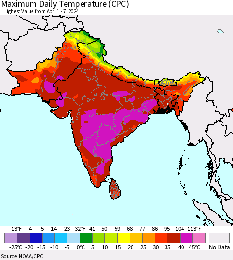 Southern Asia Maximum Daily Temperature (CPC) Thematic Map For 4/1/2024 - 4/7/2024