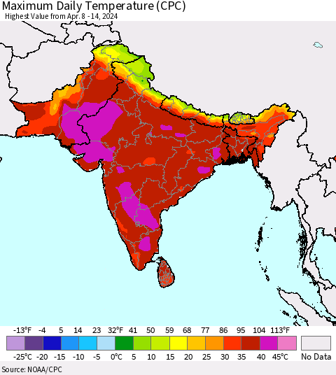Southern Asia Maximum Daily Temperature (CPC) Thematic Map For 4/8/2024 - 4/14/2024