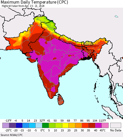 Southern Asia Maximum Daily Temperature (CPC) Thematic Map For 4/15/2024 - 4/21/2024