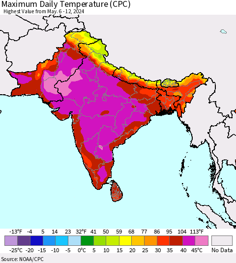 Southern Asia Maximum Daily Temperature (CPC) Thematic Map For 5/6/2024 - 5/12/2024