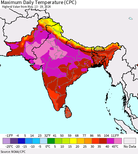 Southern Asia Maximum Daily Temperature (CPC) Thematic Map For 5/13/2024 - 5/19/2024
