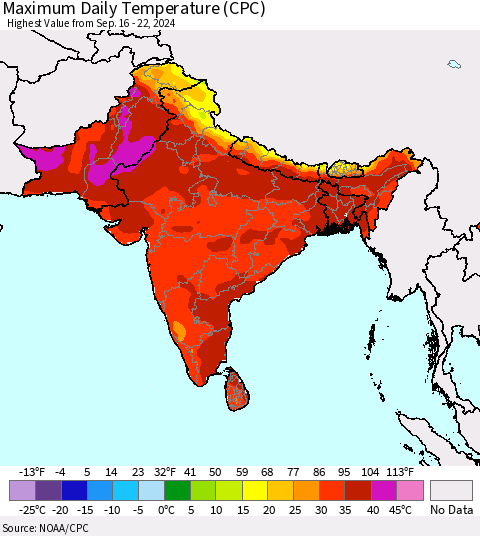 Southern Asia Maximum Daily Temperature (CPC) Thematic Map For 9/16/2024 - 9/22/2024