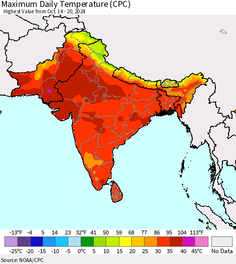 Southern Asia Maximum Daily Temperature (CPC) Thematic Map For 10/14/2024 - 10/20/2024