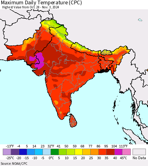 Southern Asia Maximum Daily Temperature (CPC) Thematic Map For 10/28/2024 - 11/3/2024
