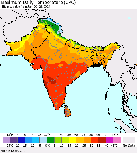 Southern Asia Maximum Daily Temperature (CPC) Thematic Map For 1/20/2025 - 1/26/2025