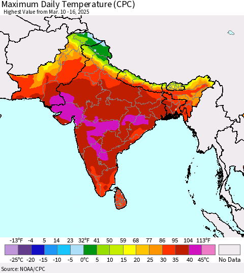 Southern Asia Maximum Daily Temperature (CPC) Thematic Map For 3/10/2025 - 3/16/2025