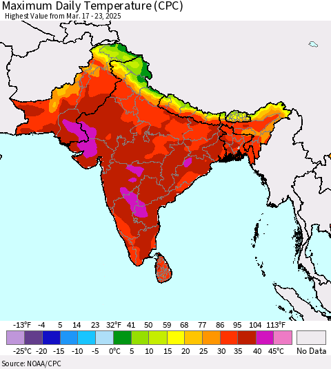 Southern Asia Maximum Daily Temperature (CPC) Thematic Map For 3/17/2025 - 3/23/2025