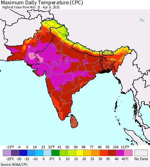 Southern Asia Maximum Daily Temperature (CPC) Thematic Map For 3/31/2025 - 4/6/2025