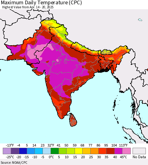 Southern Asia Maximum Daily Temperature (CPC) Thematic Map For 4/14/2025 - 4/20/2025