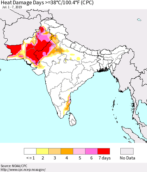 Southern Asia Heat Damage Days >=38°C/100°F (CPC) Thematic Map For 7/1/2019 - 7/7/2019