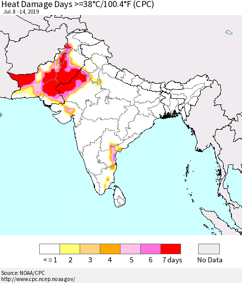 Southern Asia Heat Damage Days >=38°C/100.4°F (CPC) Thematic Map For 7/8/2019 - 7/14/2019