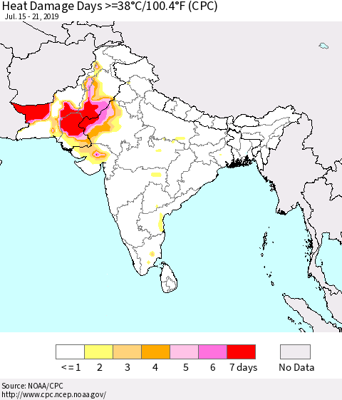 Southern Asia Heat Damage Days >=38°C/100°F (CPC) Thematic Map For 7/15/2019 - 7/21/2019