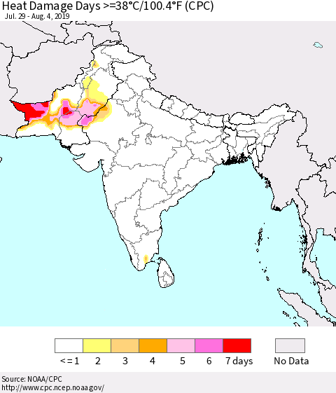 Southern Asia Heat Damage Days >=38°C/100.4°F (CPC) Thematic Map For 7/29/2019 - 8/4/2019