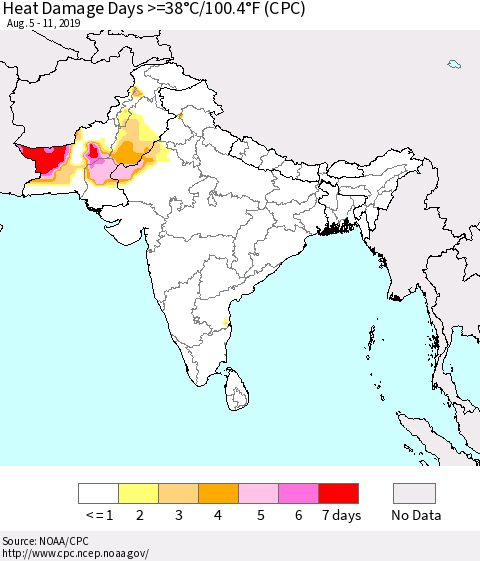 Southern Asia Heat Damage Days >=38°C/100.4°F (CPC) Thematic Map For 8/5/2019 - 8/11/2019