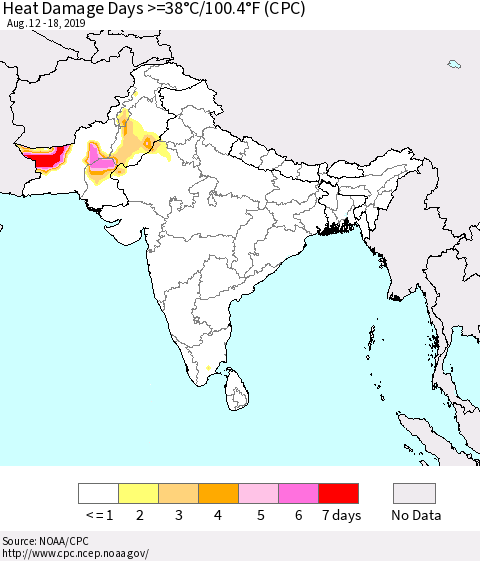 Southern Asia Heat Damage Days >=38°C/100.4°F (CPC) Thematic Map For 8/12/2019 - 8/18/2019