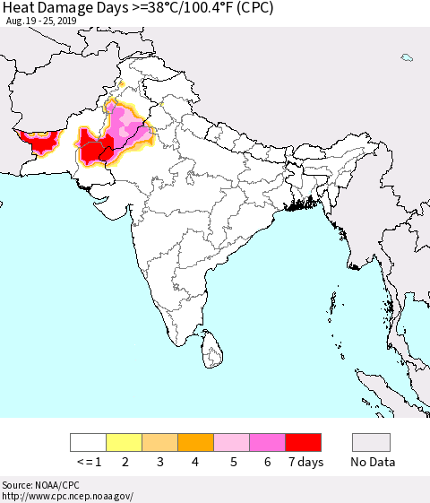 Southern Asia Heat Damage Days >=38°C/100.4°F (CPC) Thematic Map For 8/19/2019 - 8/25/2019