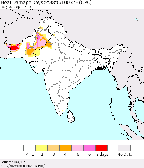 Southern Asia Heat Damage Days >=38°C/100.4°F (CPC) Thematic Map For 8/26/2019 - 9/1/2019