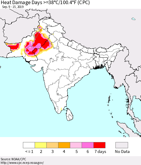 Southern Asia Heat Damage Days >=38°C/100.4°F (CPC) Thematic Map For 9/9/2019 - 9/15/2019