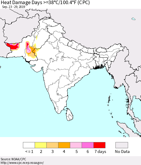 Southern Asia Heat Damage Days >=38°C/100.4°F (CPC) Thematic Map For 9/23/2019 - 9/29/2019