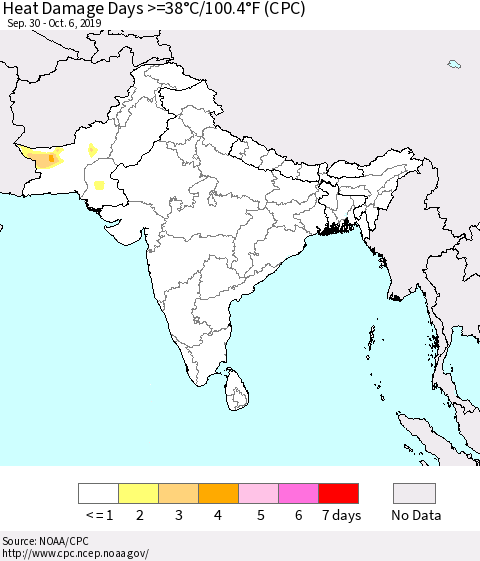 Southern Asia Heat Damage Days >=38°C/100°F (CPC) Thematic Map For 9/30/2019 - 10/6/2019