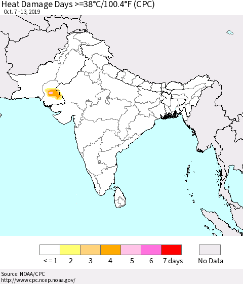 Southern Asia Heat Damage Days >=38°C/100.4°F (CPC) Thematic Map For 10/7/2019 - 10/13/2019