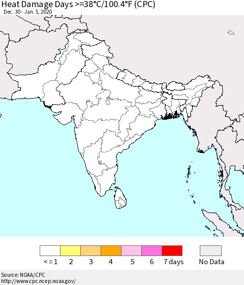 Southern Asia Heat Damage Days >=38°C/100°F (CPC) Thematic Map For 12/30/2019 - 1/5/2020
