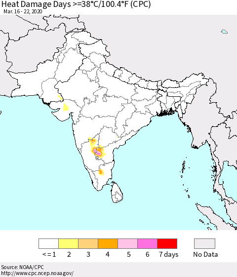 Southern Asia Heat Damage Days >=38°C/100°F (CPC) Thematic Map For 3/16/2020 - 3/22/2020