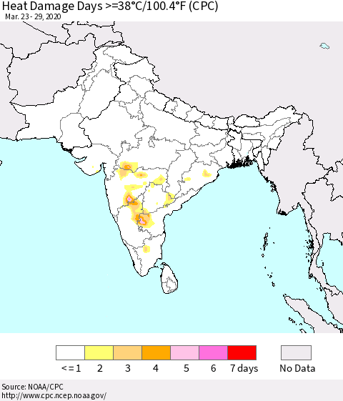 Southern Asia Heat Damage Days >=38°C/100°F (CPC) Thematic Map For 3/23/2020 - 3/29/2020