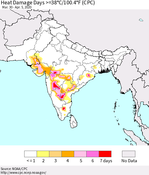 Southern Asia Heat Damage Days >=38°C/100°F (CPC) Thematic Map For 3/30/2020 - 4/5/2020