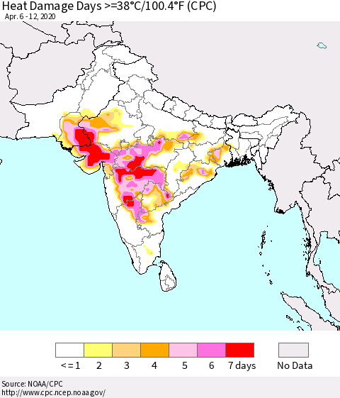 Southern Asia Heat Damage Days >=38°C/100°F (CPC) Thematic Map For 4/6/2020 - 4/12/2020