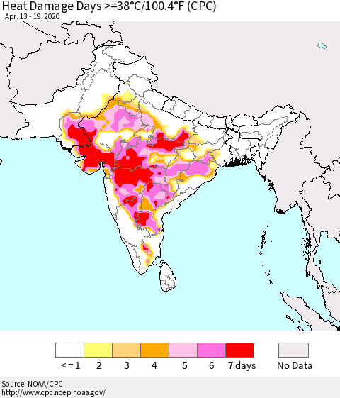 Southern Asia Heat Damage Days >=38°C/100°F (CPC) Thematic Map For 4/13/2020 - 4/19/2020