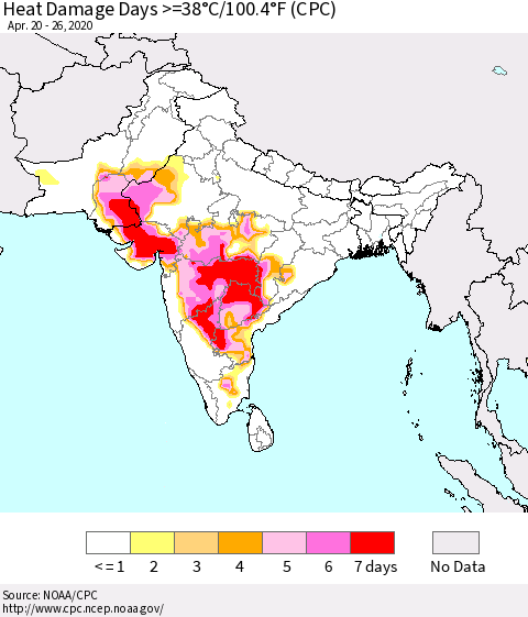 Southern Asia Heat Damage Days >=38°C/100°F (CPC) Thematic Map For 4/20/2020 - 4/26/2020