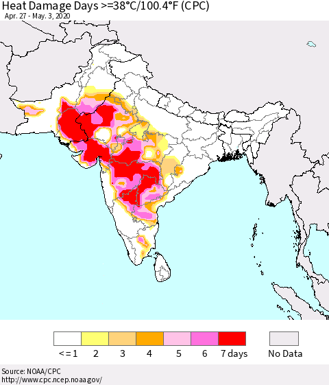 Southern Asia Heat Damage Days >=38°C/100°F (CPC) Thematic Map For 4/27/2020 - 5/3/2020