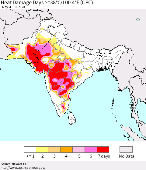 Southern Asia Heat Damage Days >=38°C/100.4°F (CPC) Thematic Map For 5/4/2020 - 5/10/2020