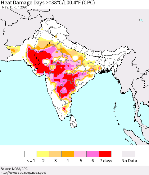 Southern Asia Heat Damage Days >=38°C/100.4°F (CPC) Thematic Map For 5/11/2020 - 5/17/2020