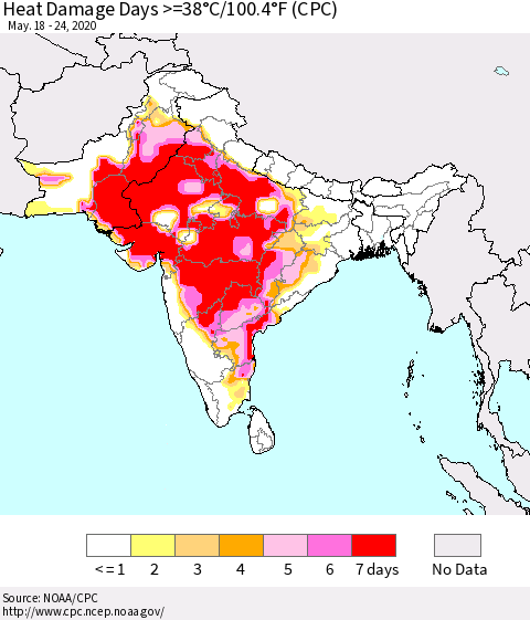 Southern Asia Heat Damage Days >=38°C/100°F (CPC) Thematic Map For 5/18/2020 - 5/24/2020