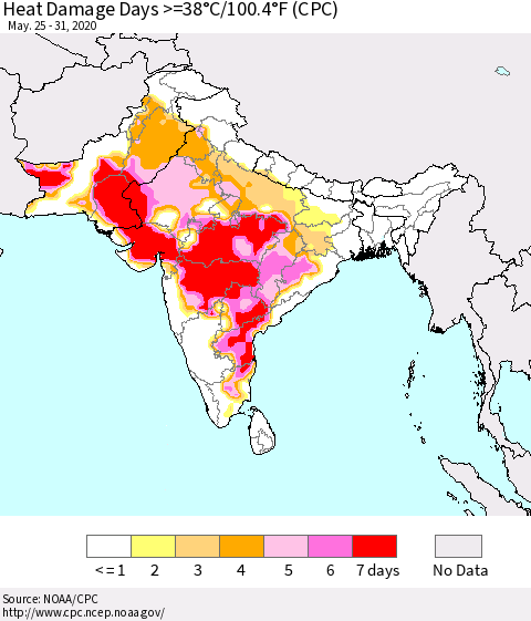 Southern Asia Heat Damage Days >=38°C/100°F (CPC) Thematic Map For 5/25/2020 - 5/31/2020