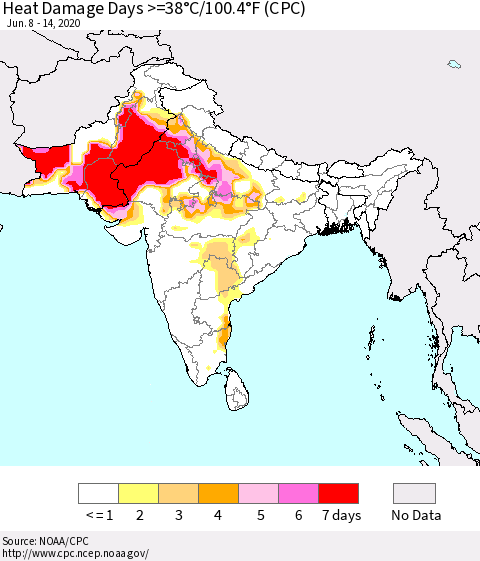 Southern Asia Heat Damage Days >=38°C/100°F (CPC) Thematic Map For 6/8/2020 - 6/14/2020