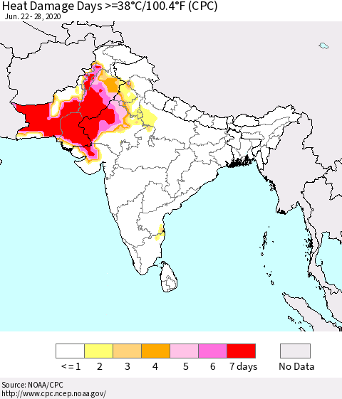 Southern Asia Heat Damage Days >=38°C/100.4°F (CPC) Thematic Map For 6/22/2020 - 6/28/2020