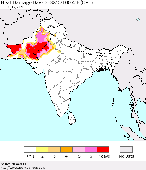 Southern Asia Heat Damage Days >=38°C/100.4°F (CPC) Thematic Map For 7/6/2020 - 7/12/2020