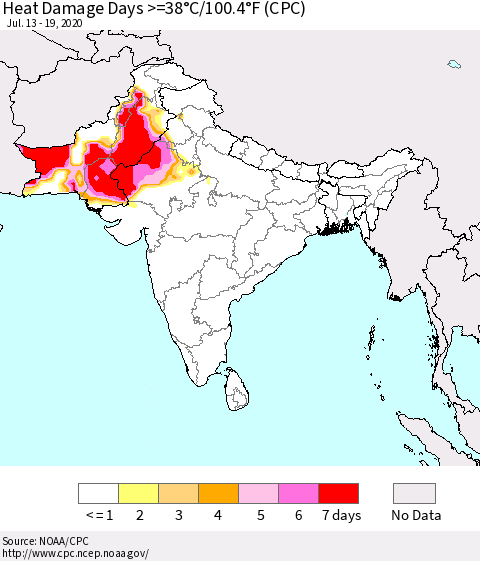 Southern Asia Heat Damage Days >=38°C/100°F (CPC) Thematic Map For 7/13/2020 - 7/19/2020