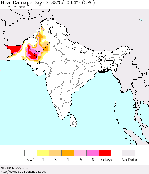 Southern Asia Heat Damage Days >=38°C/100°F (CPC) Thematic Map For 7/20/2020 - 7/26/2020