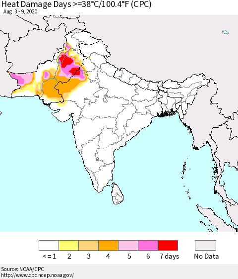 Southern Asia Heat Damage Days >=38°C/100°F (CPC) Thematic Map For 8/3/2020 - 8/9/2020
