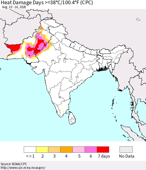 Southern Asia Heat Damage Days >=38°C/100.4°F (CPC) Thematic Map For 8/10/2020 - 8/16/2020