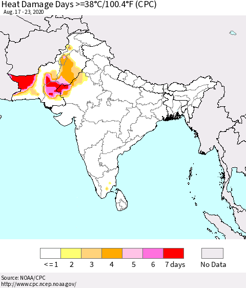Southern Asia Heat Damage Days >=38°C/100°F (CPC) Thematic Map For 8/17/2020 - 8/23/2020