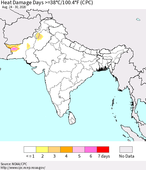 Southern Asia Heat Damage Days >=38°C/100°F (CPC) Thematic Map For 8/24/2020 - 8/30/2020